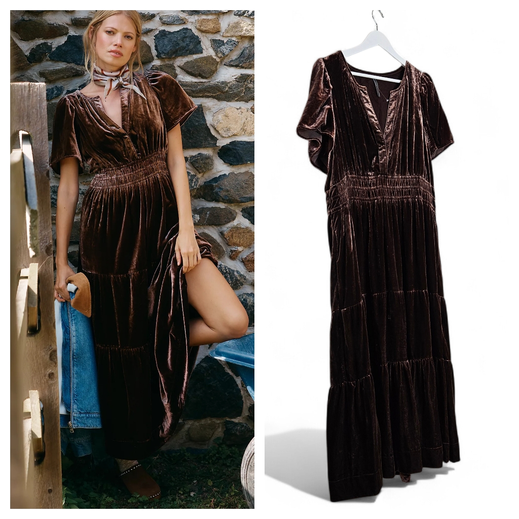 Anthropologie Somerset Velvet Maxi Dress Brown Xlp Tiered Smocked Boho